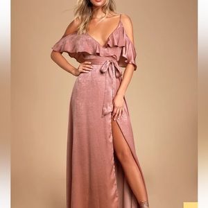 Lulu’s Moriah Rose Satin Cold Shoulder Maxi Dress